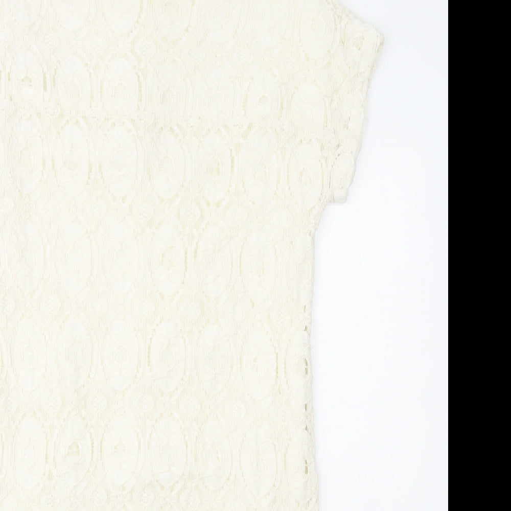 Oui Womens White Geometric Polyamide Shift Size 12 Round Neck Zip - Lace Overlay