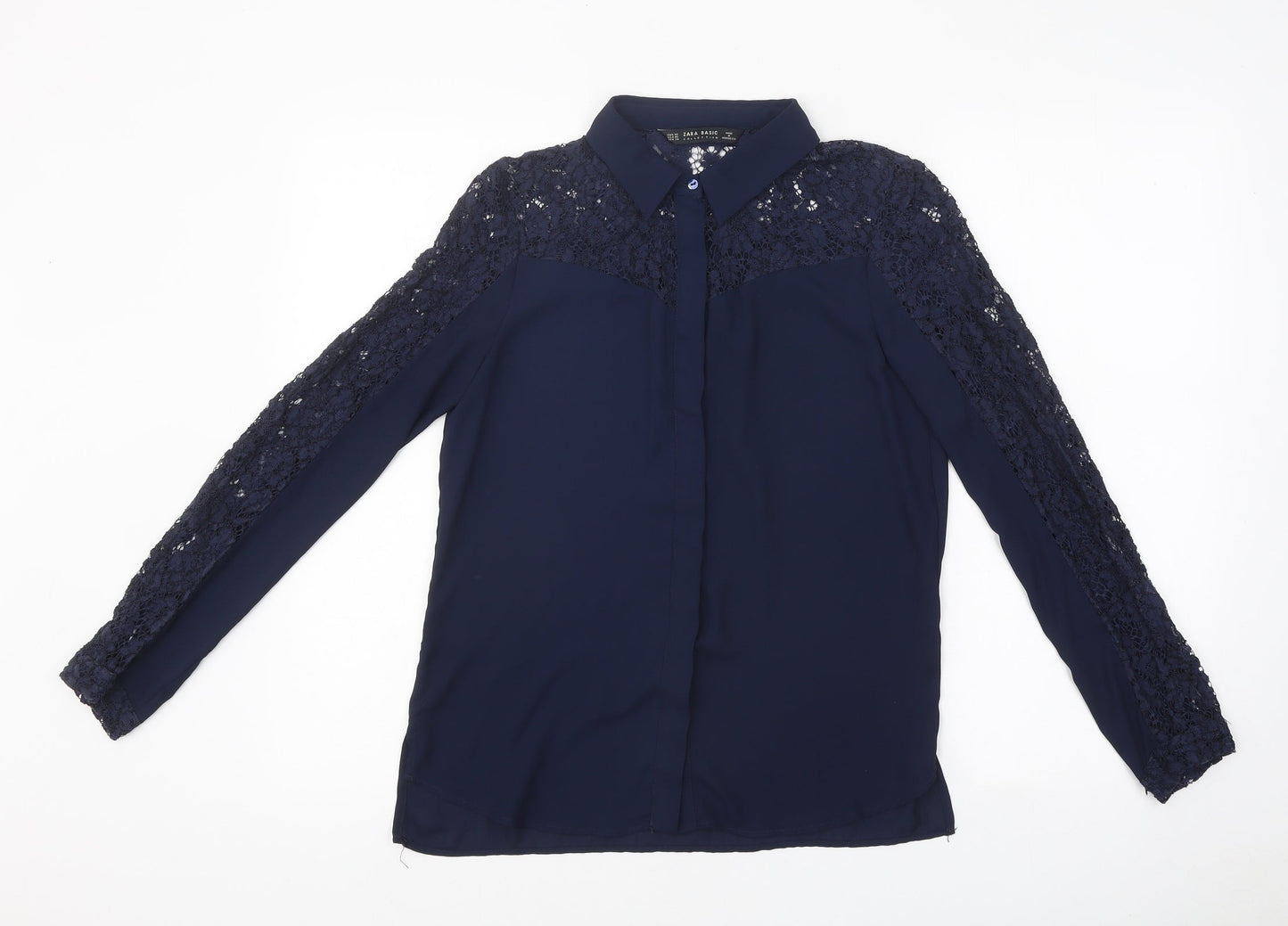 Zara Womens Blue Polyester Jersey Button-Up Size S Collared