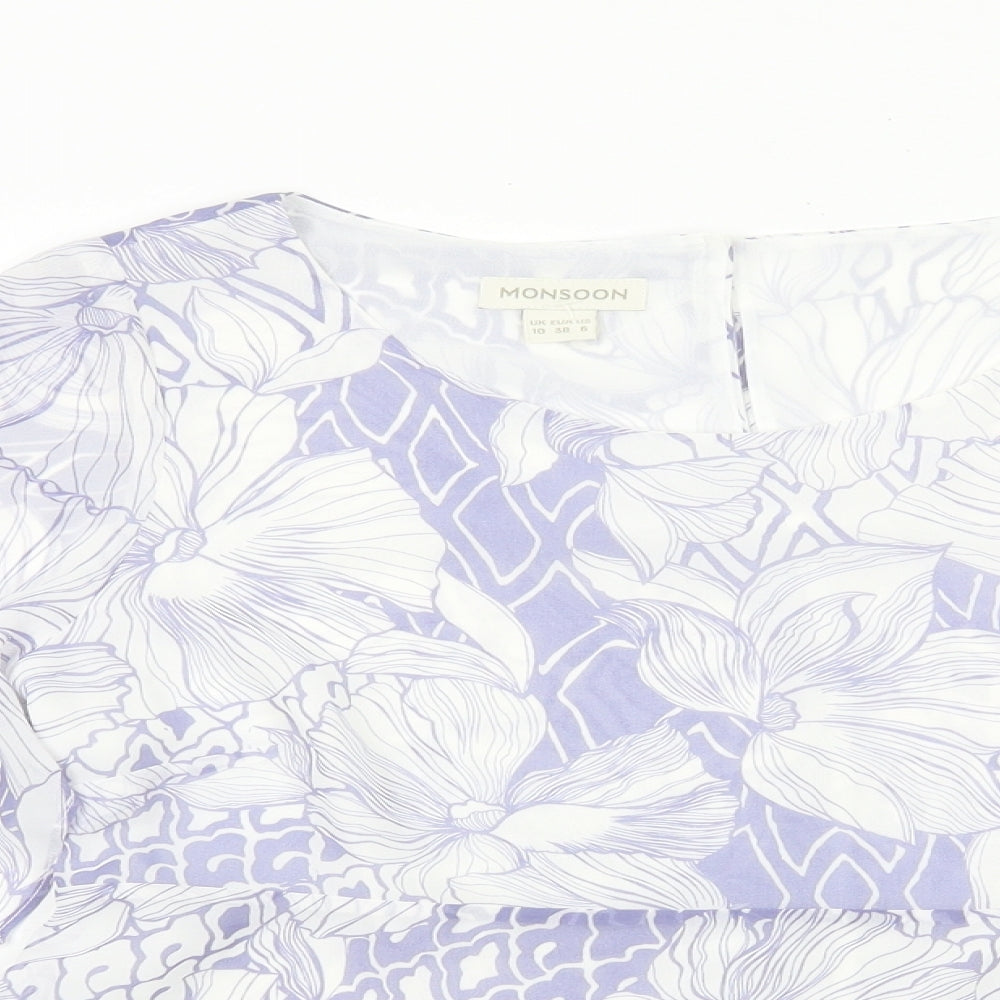 Monsoon Womens Purple Geometric Polyester Basic Blouse Size 10 Round Neck