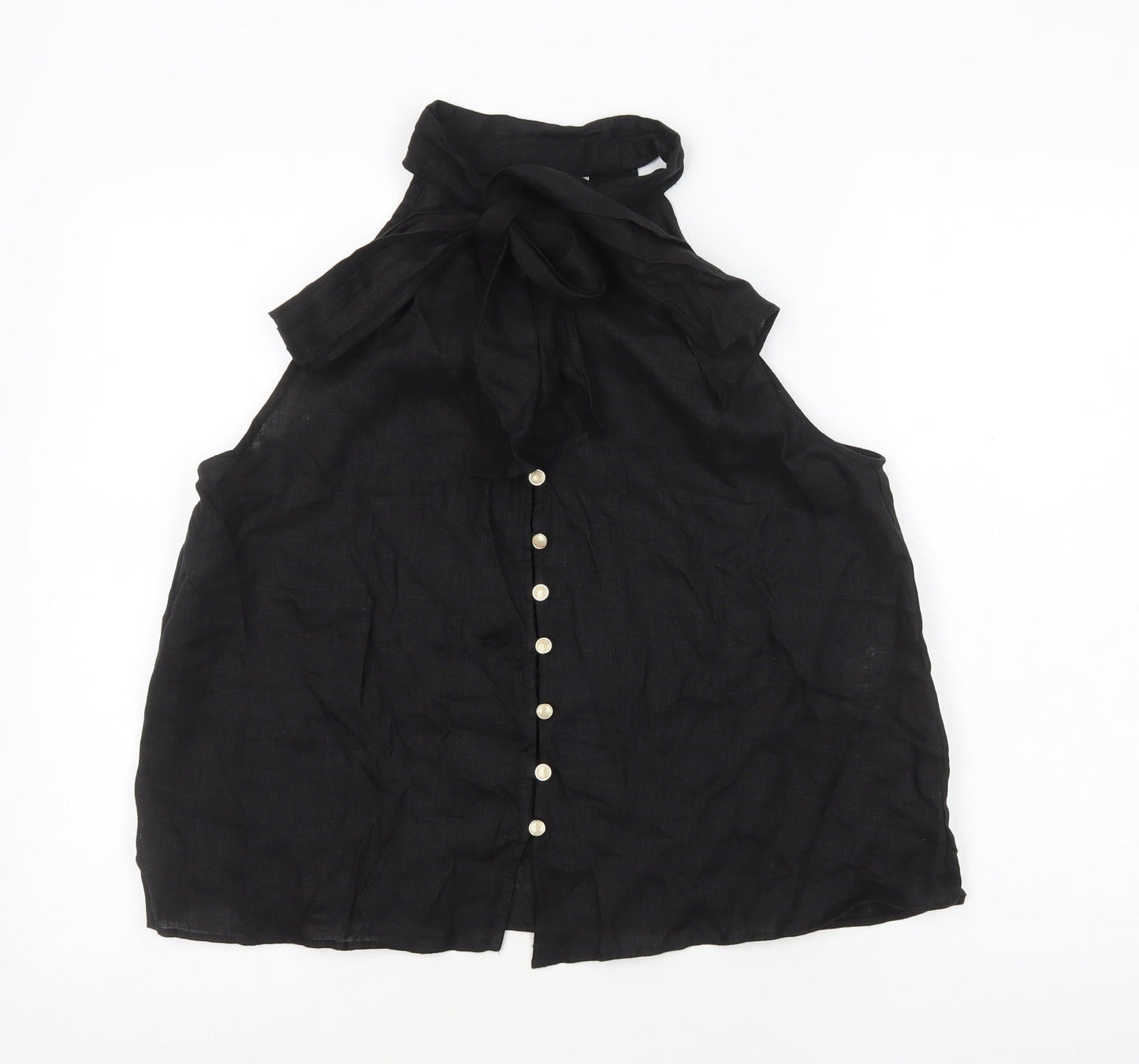 Zara Womens Black Viscose Basic Button-Up Size XS Round Neck - Neck Tie