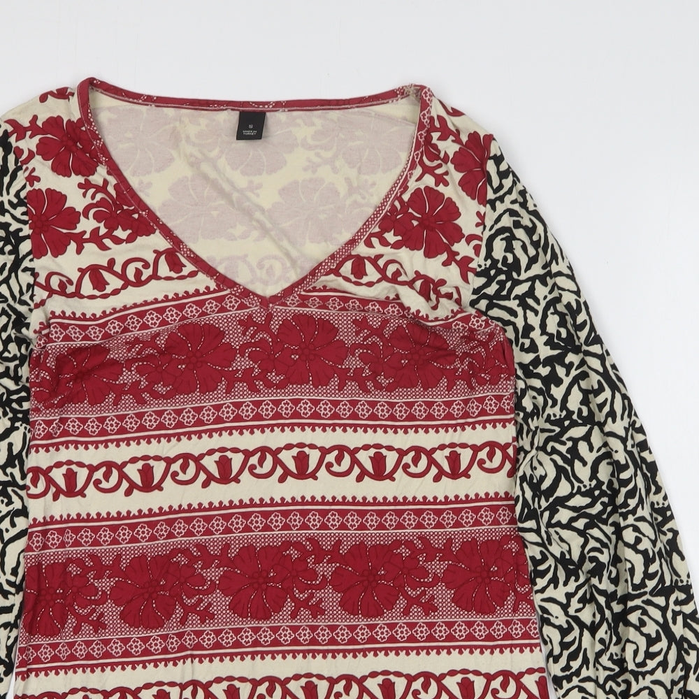H&M Womens Red Geometric Viscose A-Line Size S V-Neck Pullover