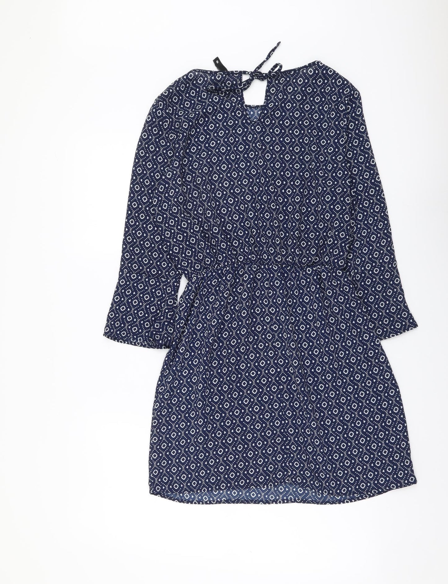 H&M Womens Blue Geometric Polyester Mini Size XS Round Neck Pullover
