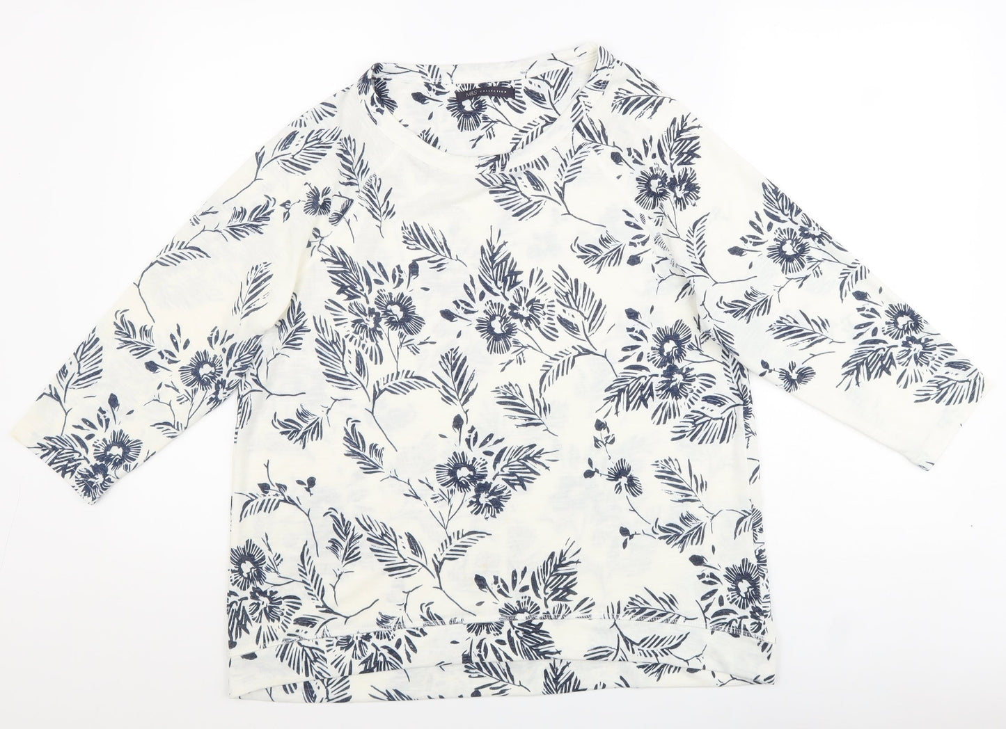 Marks and Spencer Womens White Polyester Basic Blouse Size 14 Round Neck - Flowers