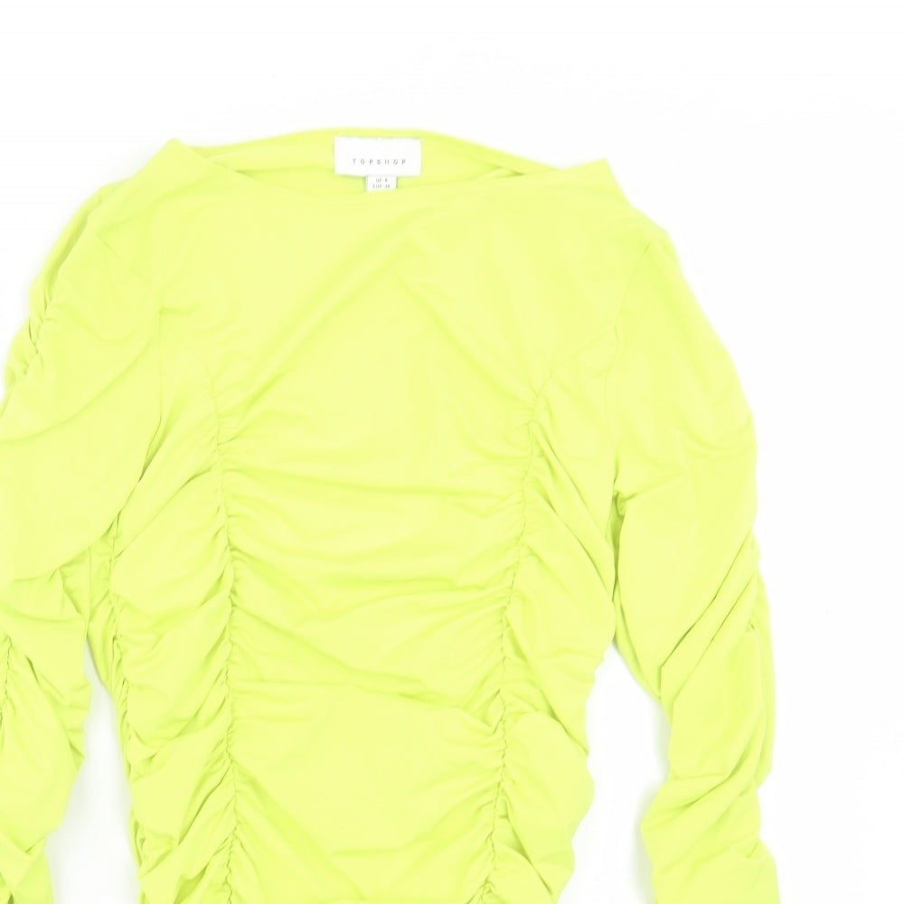 Topshop Womens Yellow Polyester Basic T-Shirt Size 8 Boat Neck - Ruched