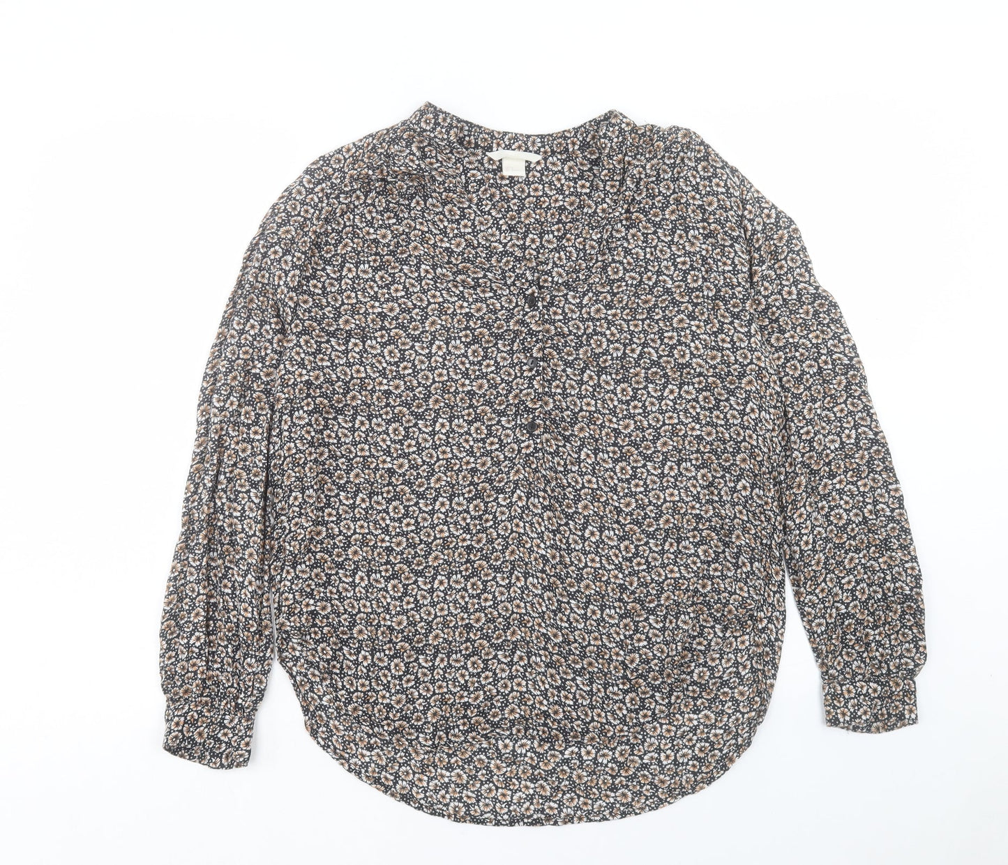 H&M Womens Brown Floral Modal Basic Button-Up Size 6 V-Neck