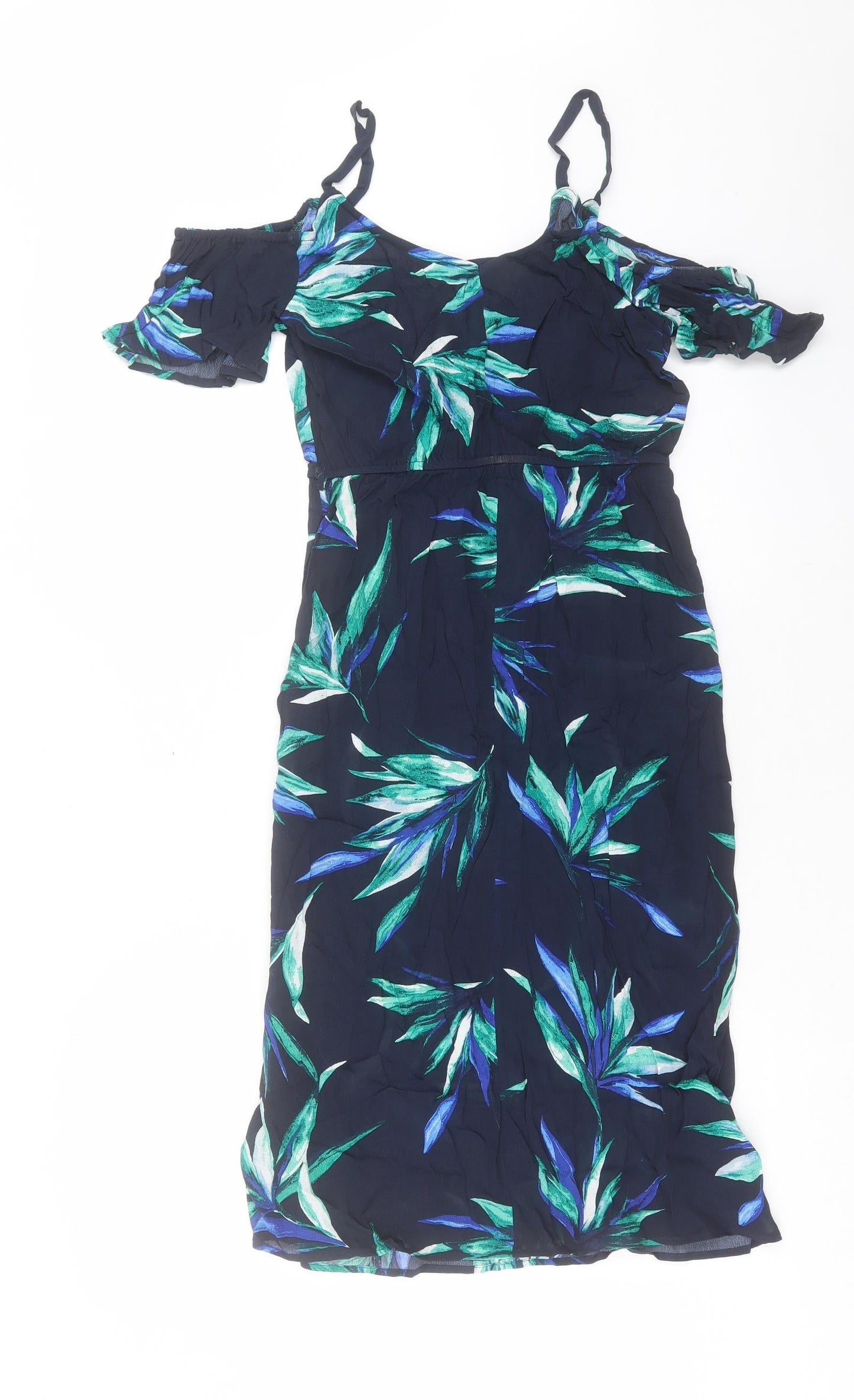 Debenhams Womens Blue Geometric Viscose A-Line Size 8 Scoop Neck Pullover - Cold Shoulder