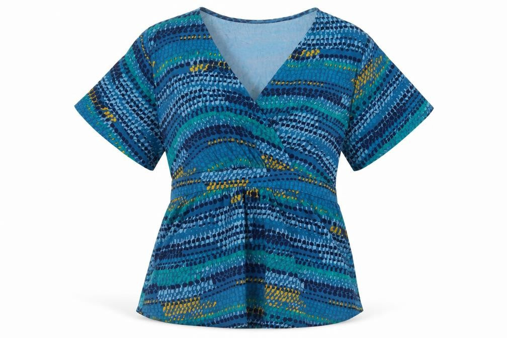 East Womens Blue Geometric Viscose Basic T-Shirt Size M V-Neck