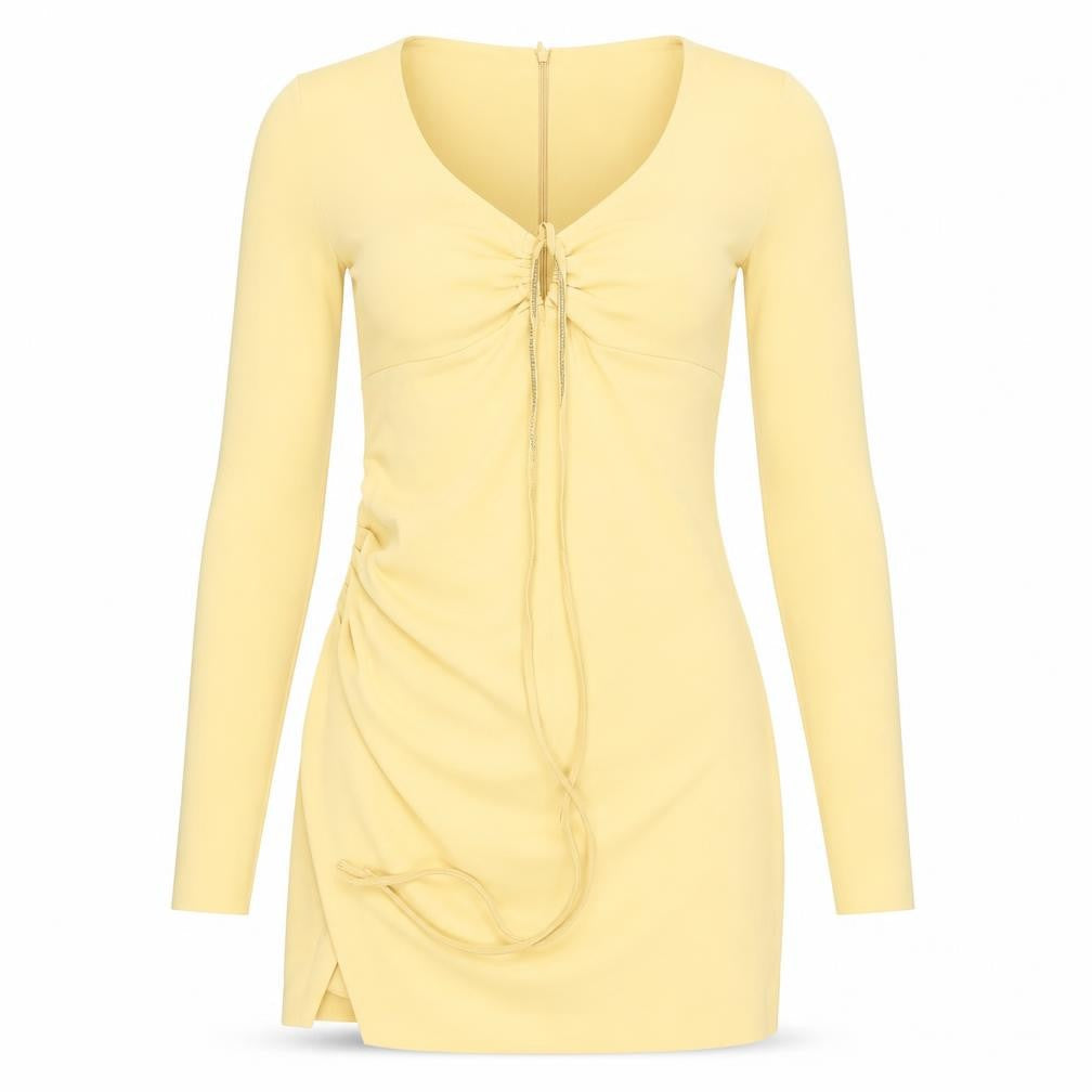 Zara Womens Yellow Polyester Bodycon Size S V-Neck Zip - Glitter Tie Waist. Key Hole