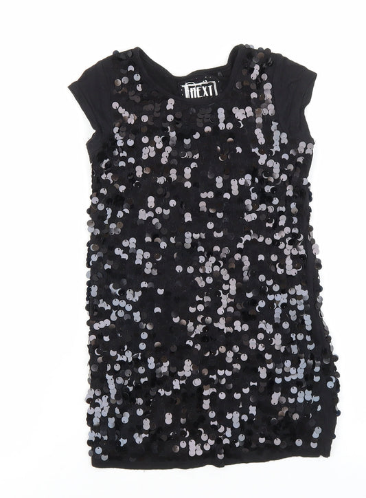 NEXT Girls Black Geometric 100% Cotton Basic T-Shirt Size 4 Years Round Neck Pullover