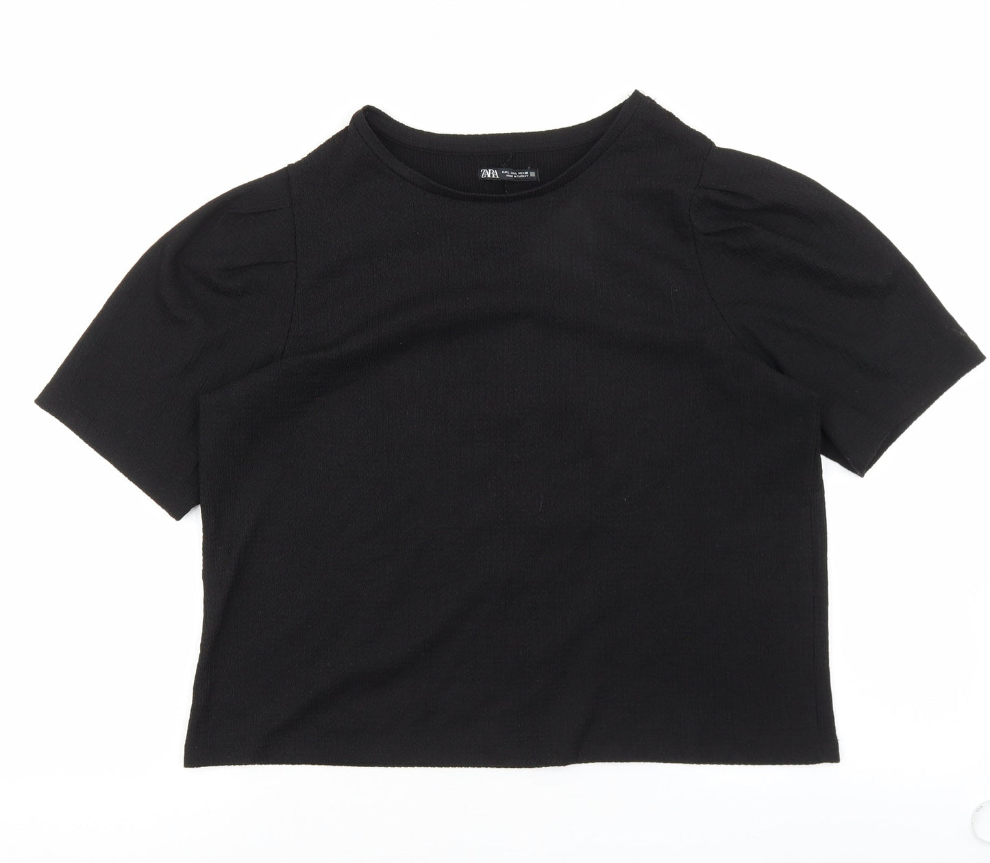 Zara Womens Black Polyester Basic T-Shirt Size L Round Neck - Balloon Sleeves