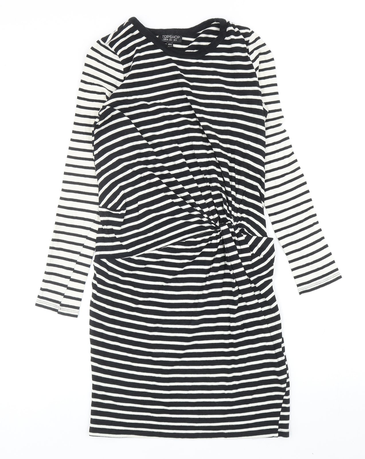 Topshop Womens Black Striped Cotton Bodycon Size 6 Round Neck Pullover - Twist Detail