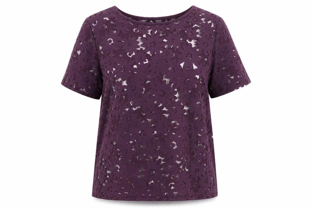 Preworn Womens Purple Floral Cotton Basic T-Shirt Size 12 Boat Neck