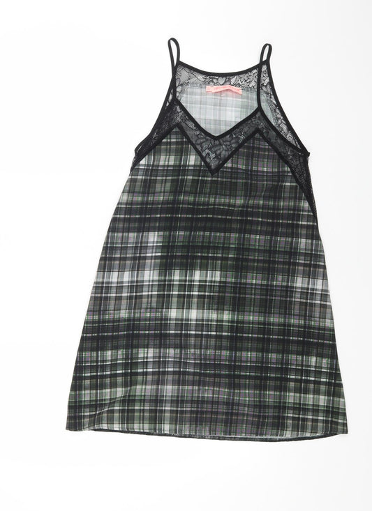 Preworn Womens Grey Check Polyester Slip Dress Size XS V-Neck Pullover - Lace Detail
