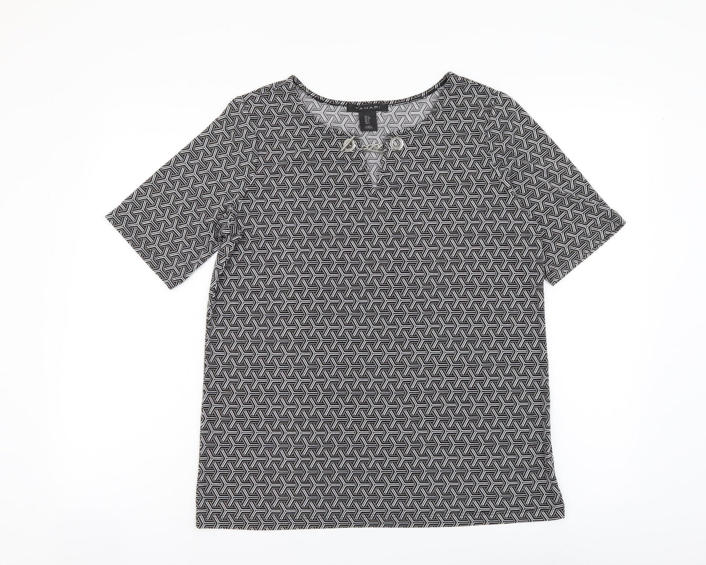 Tahari Womens Black Geometric Polyester Basic T-Shirt Size S Round Neck