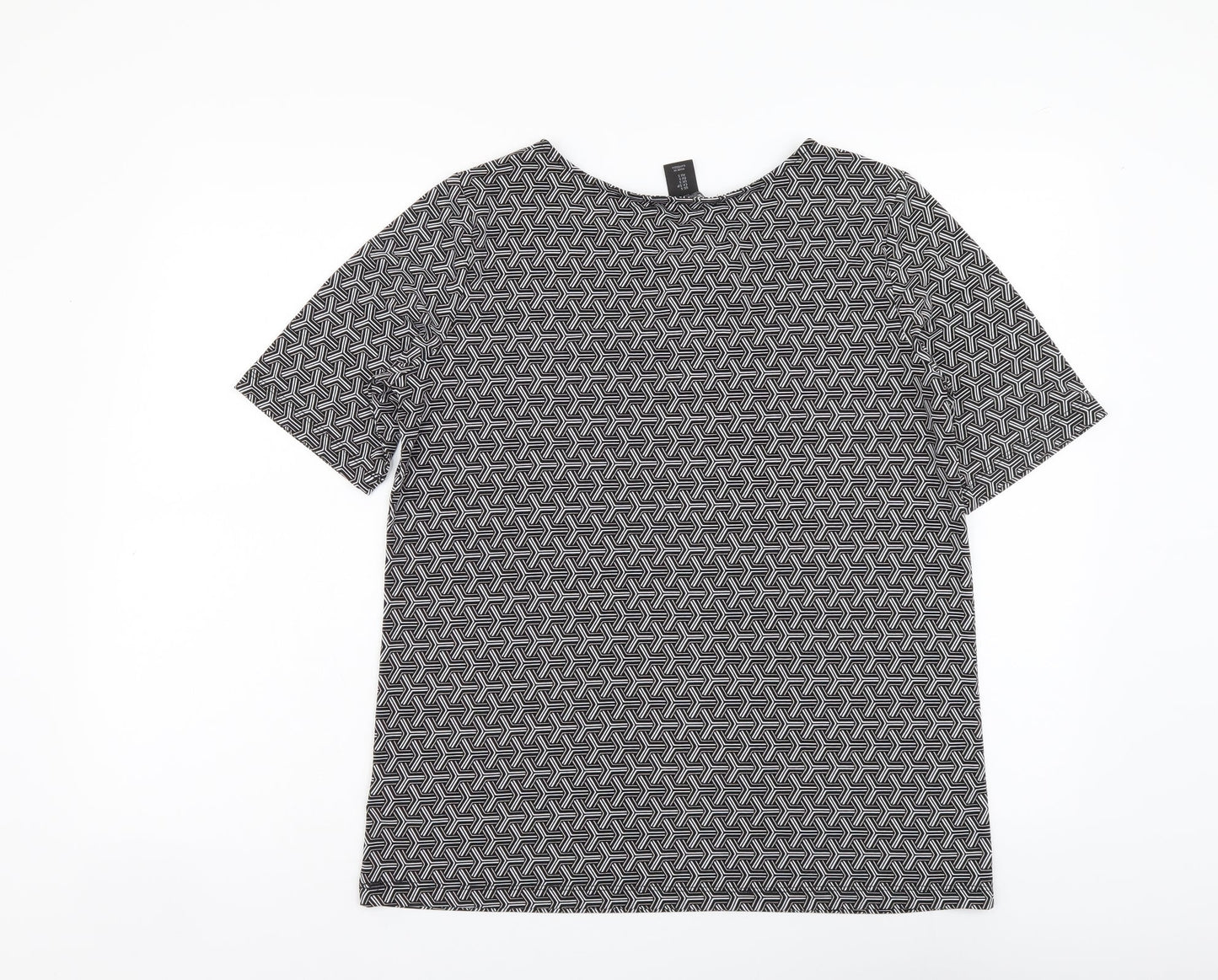 Tahari Womens Black Geometric Polyester Basic T-Shirt Size S Round Neck