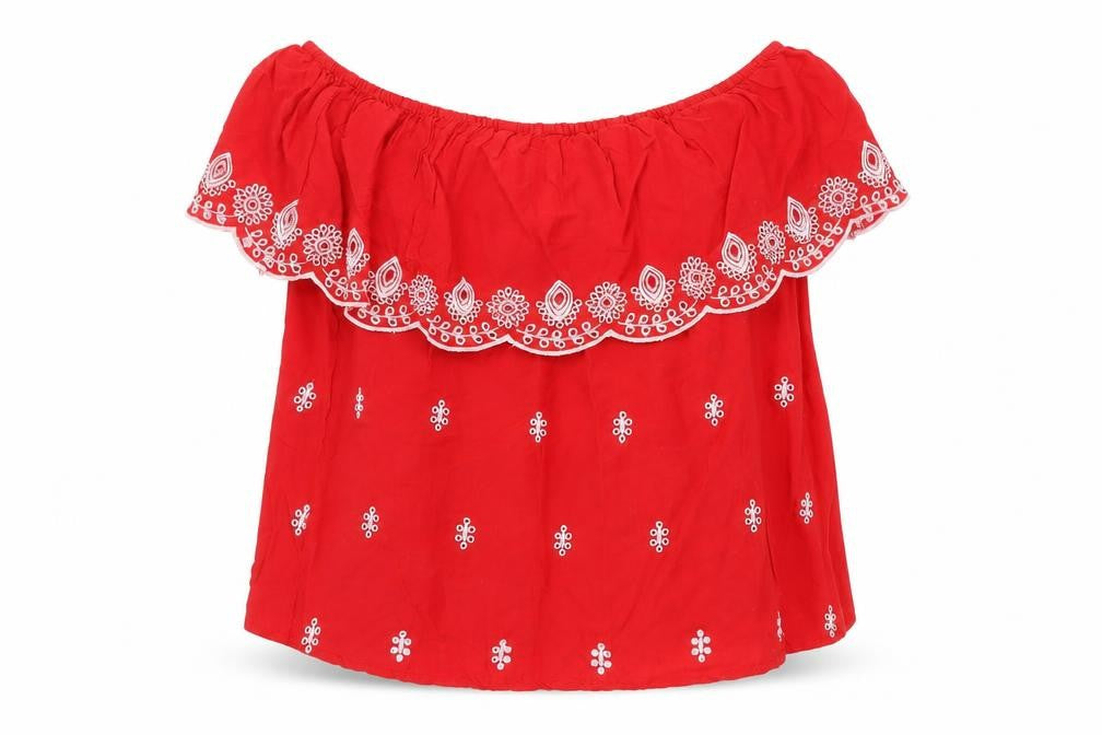 Select Womens Red Geometric Viscose Basic Blouse Size 12 Off the Shoulder