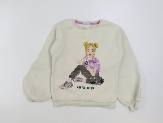 Matalan Girls White Cotton Pullover Sweatshirt Size 10 Years Pullover - Influencer