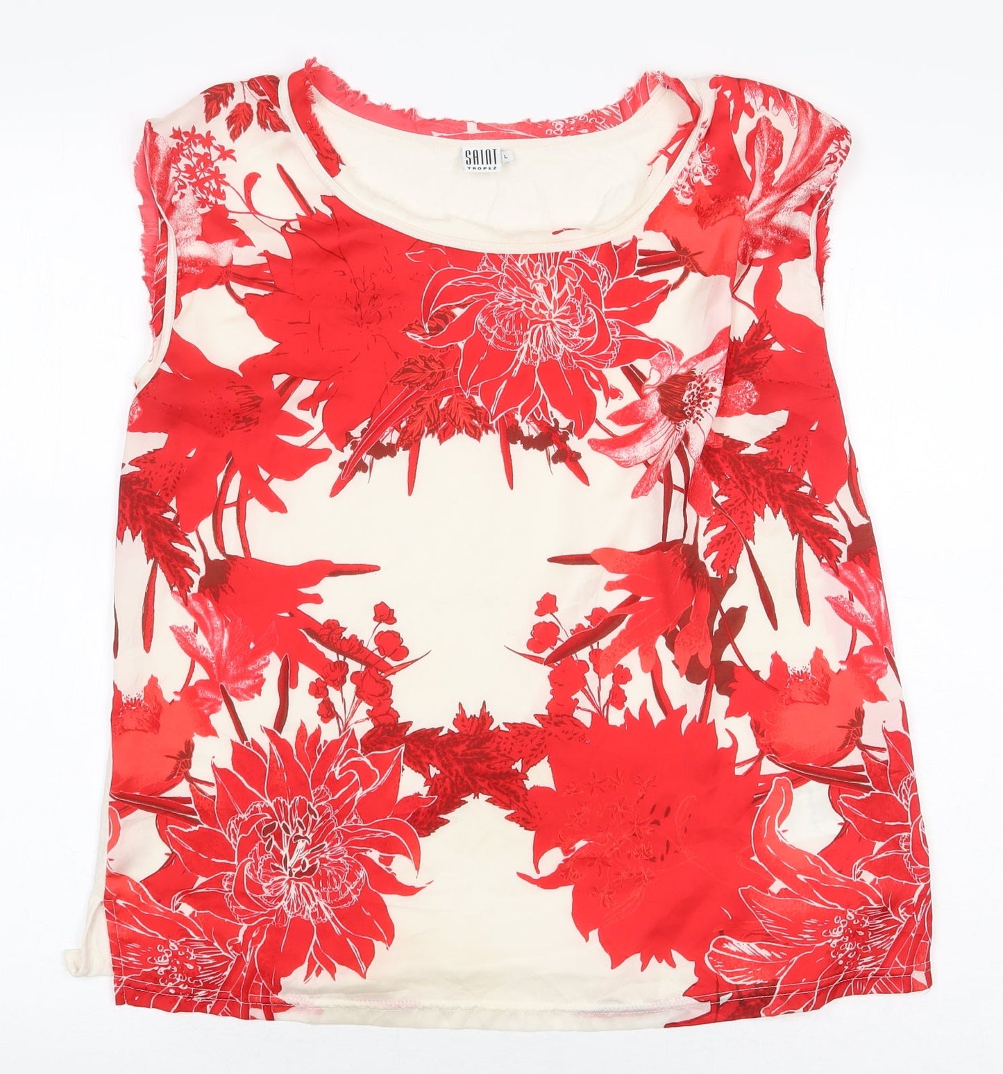Saint Tropez Clothing Womens Red Floral Polyester Basic Blouse Size L Boat Neck