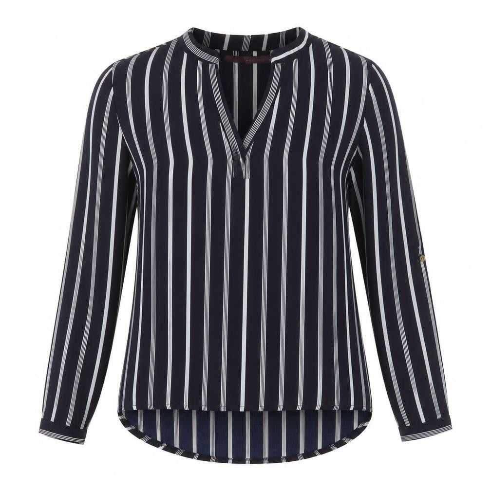 Avenue Womens Blue Striped Polyester Basic Blouse Size 8 V-Neck