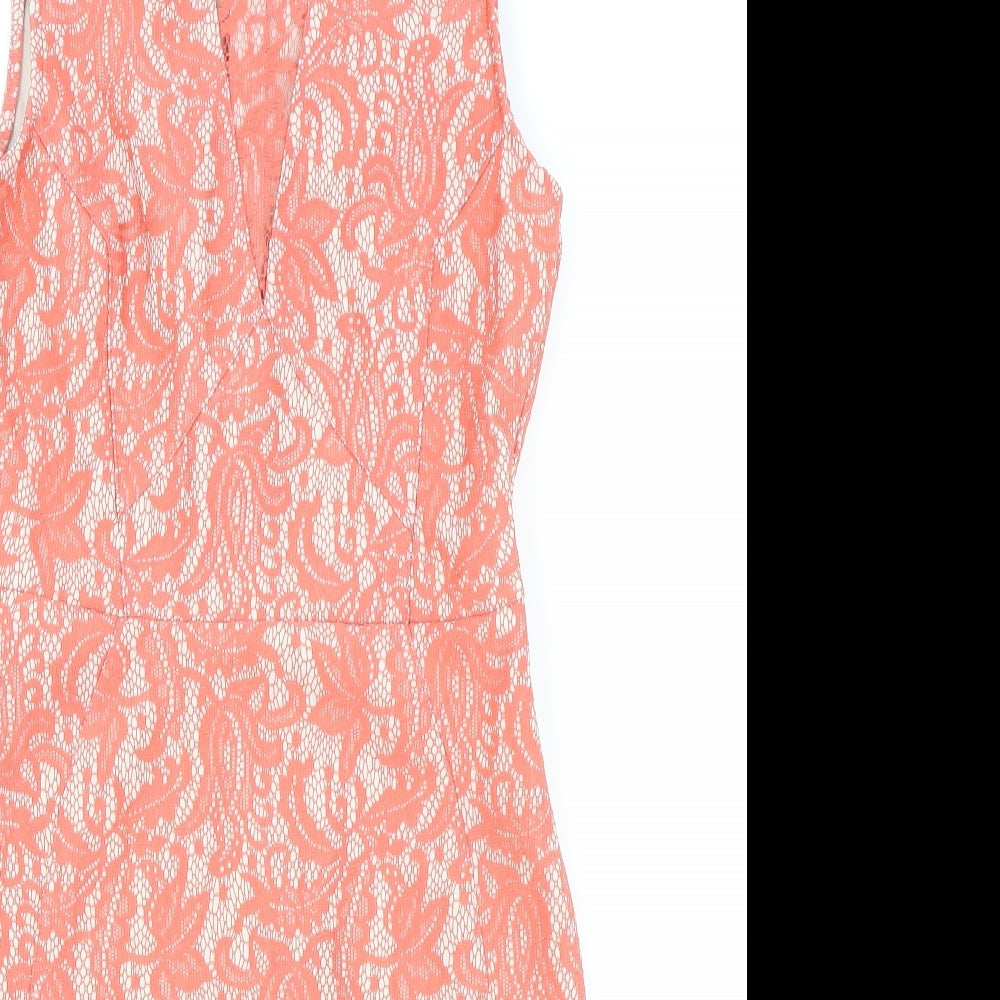 Warehouse Womens Pink Floral Polyester A-Line Size 10 Boat Neck Zip
