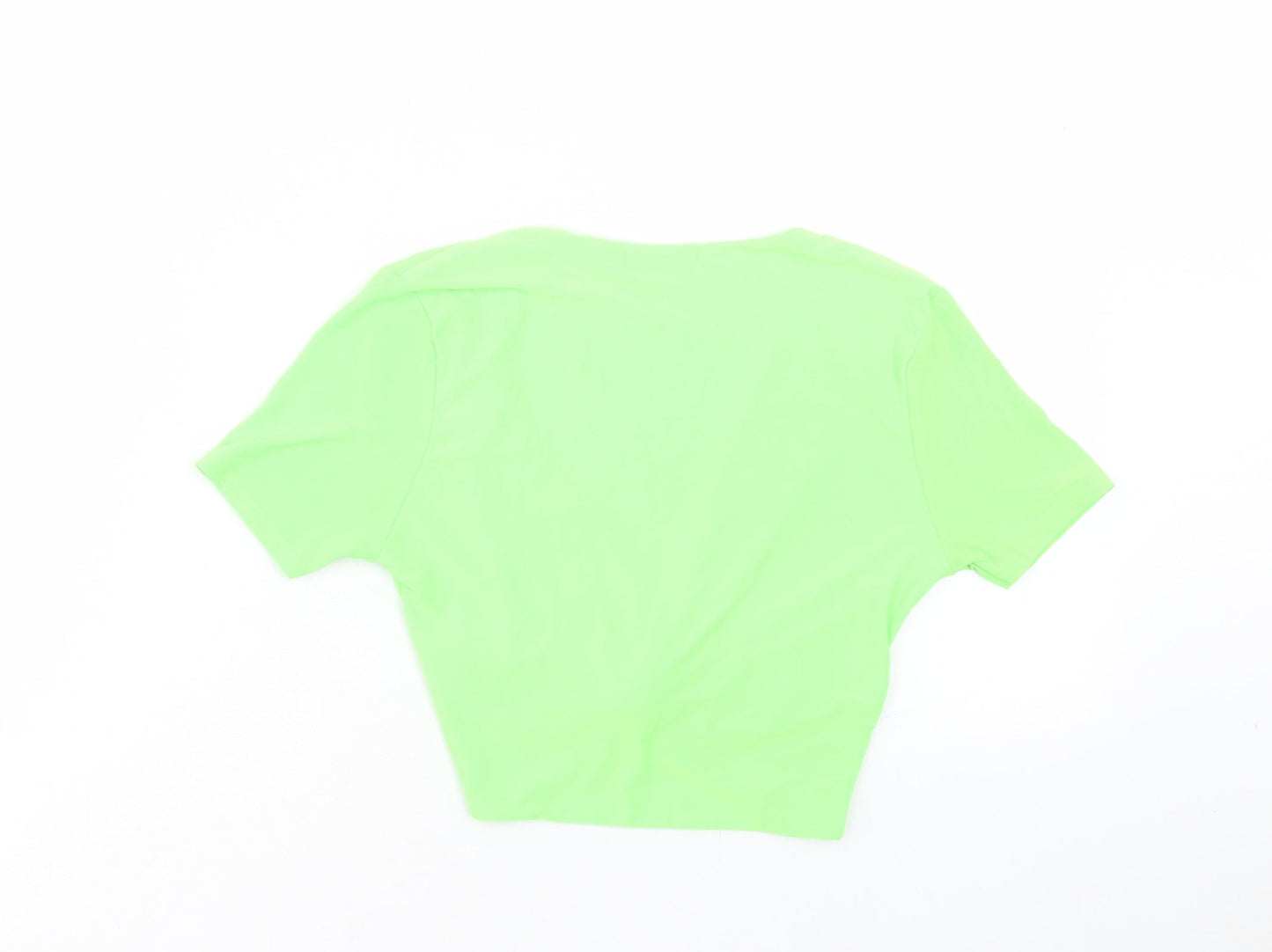 PRETTYLITTLETHING Womens Green Polyester Cropped T-Shirt Size 6 V-Neck - Twist Front