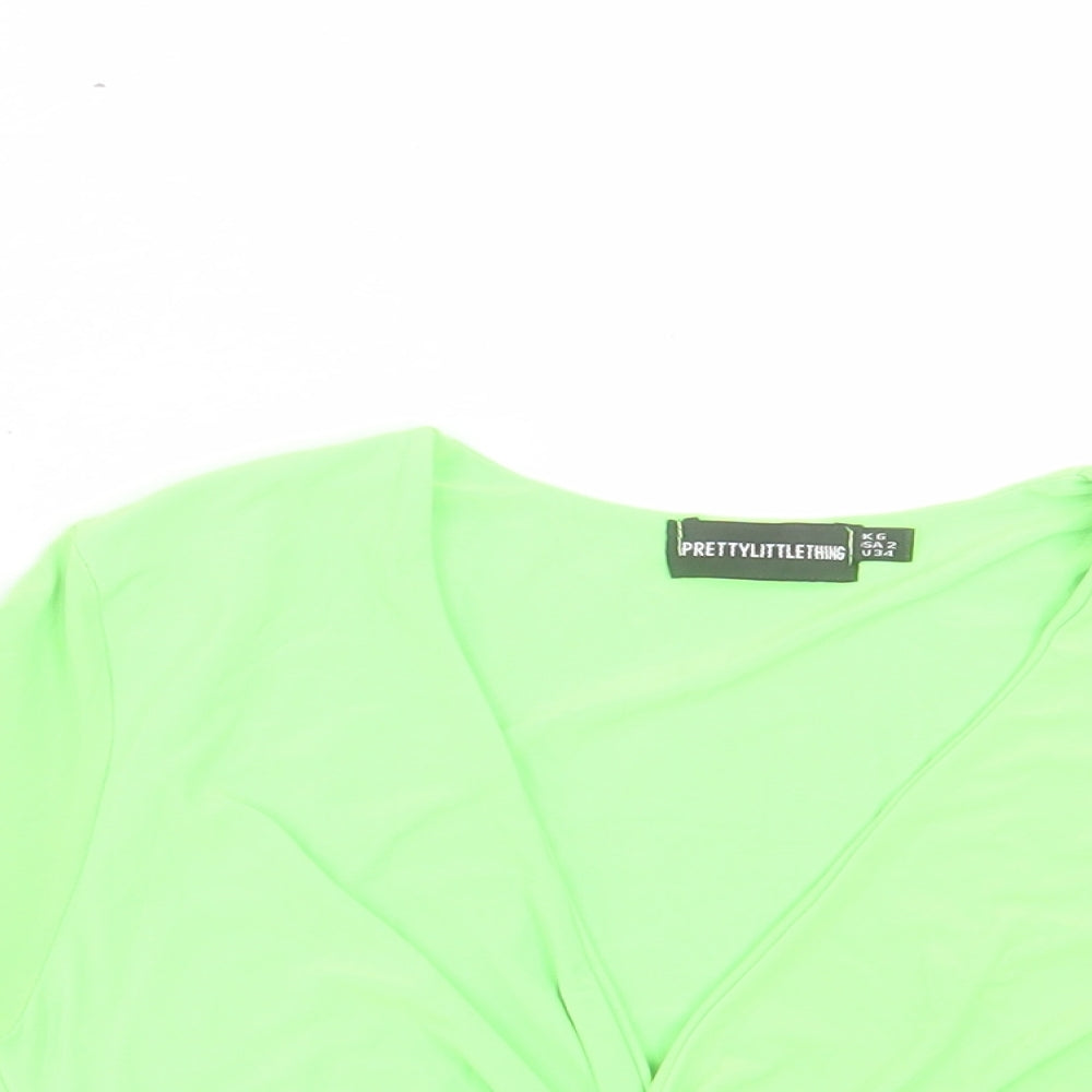 PRETTYLITTLETHING Womens Green Polyester Cropped T-Shirt Size 6 V-Neck - Twist Front