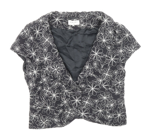 Kaliko Womens Black Floral Jacket Blazer Size 14 Button - Frill Style Hem