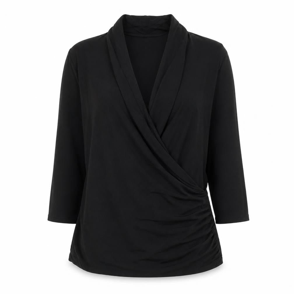 Amaryllis Womens Black Polyester Basic Blouse Size M V-Neck - Ruched