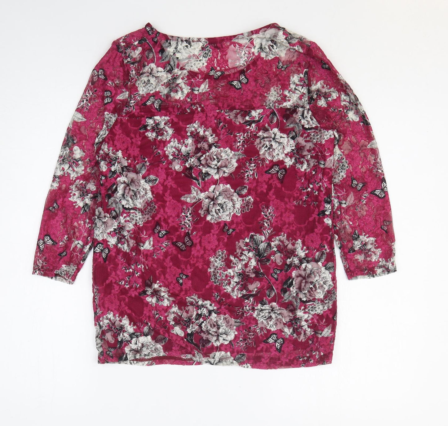 Paraphrase Womens Purple Floral Nylon Basic Blouse Size 12 Round Neck