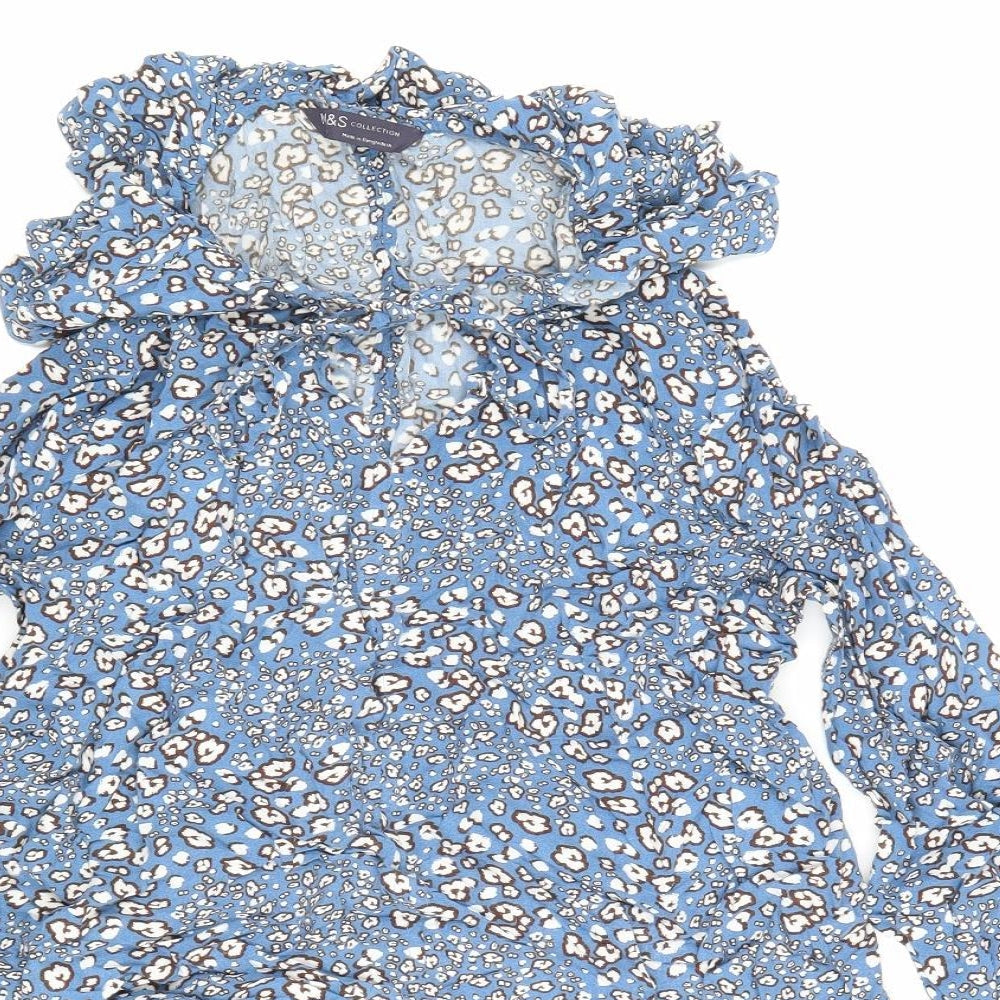 Marks and Spencer Womens Blue Floral Viscose Jersey Blouse Size 8 Cowl Neck - Flowers