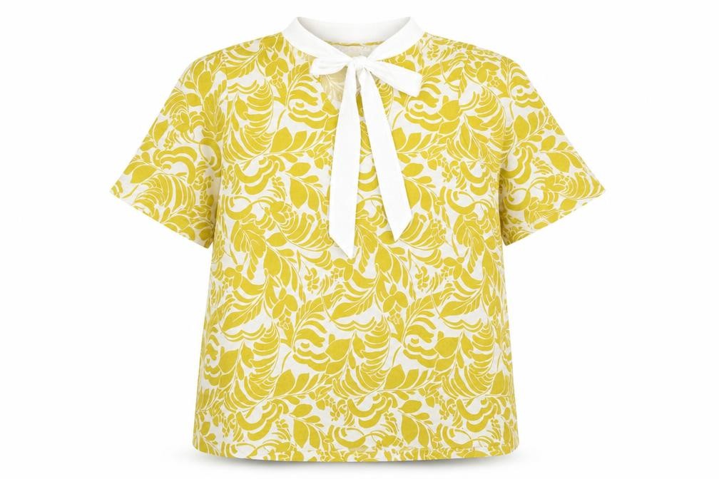 Marks and Spencer Womens Yellow Geometric Viscose Basic Blouse Size 14 Round Neck