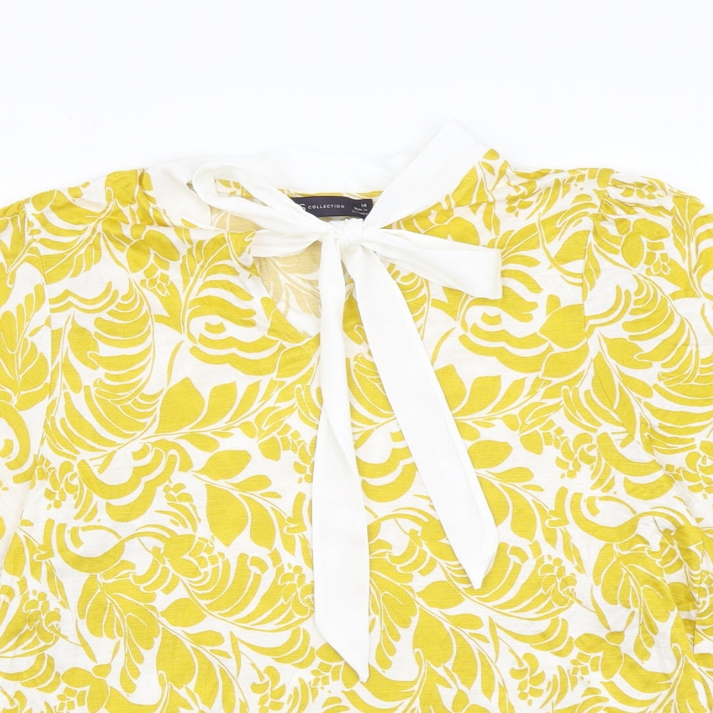 Marks and Spencer Womens Yellow Geometric Viscose Basic Blouse Size 14 Round Neck