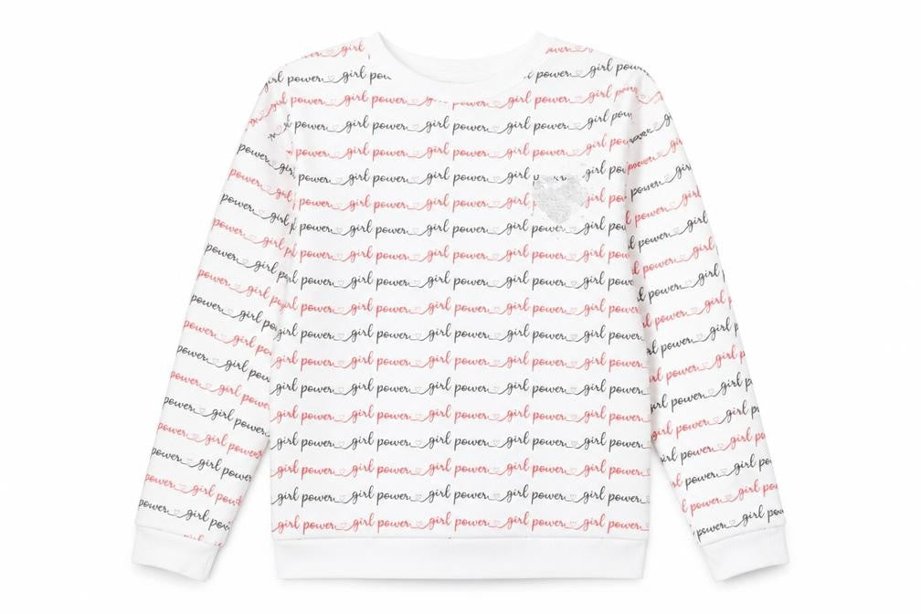 I Love Girlswear Girls White Striped Cotton Pullover Sweatshirt Size 13 Years Pullover - Girl Power, Silver Sequin Heart