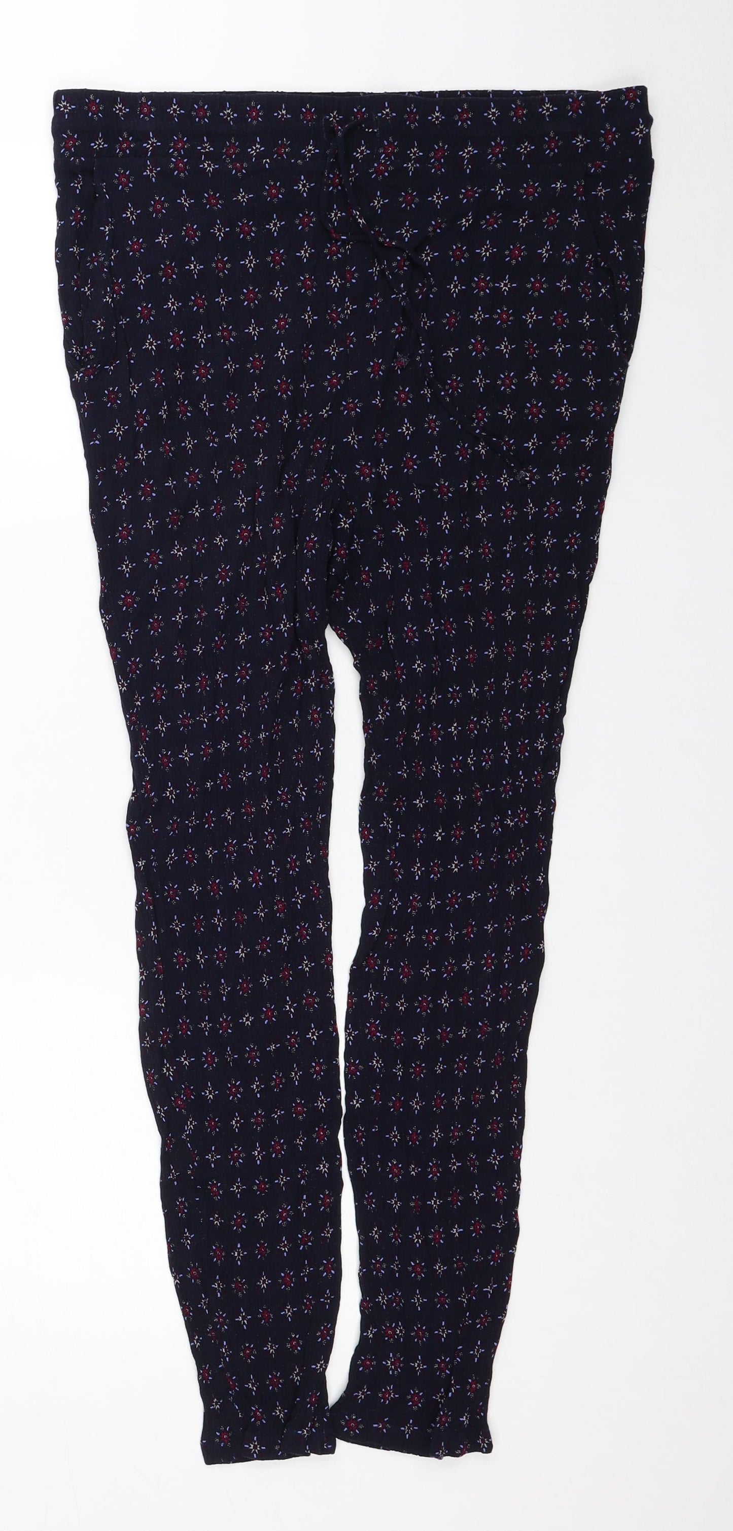 Marks and Spencer Womens Blue Floral Viscose Carrot Trousers Size 14 L26 in Regular Drawstring