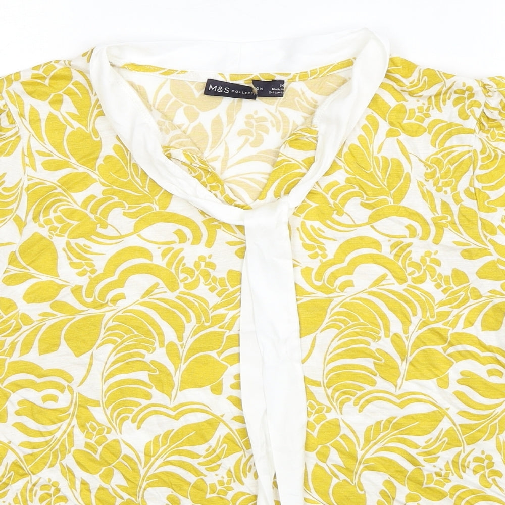 Marks and Spencer Womens Yellow Floral Viscose Basic Blouse Size 14 V-Neck