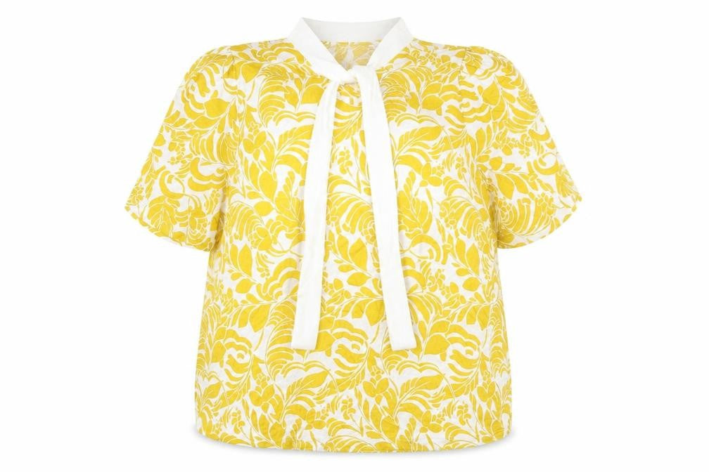 Marks and Spencer Womens Yellow Geometric Viscose Basic Blouse Size 14 Round Neck