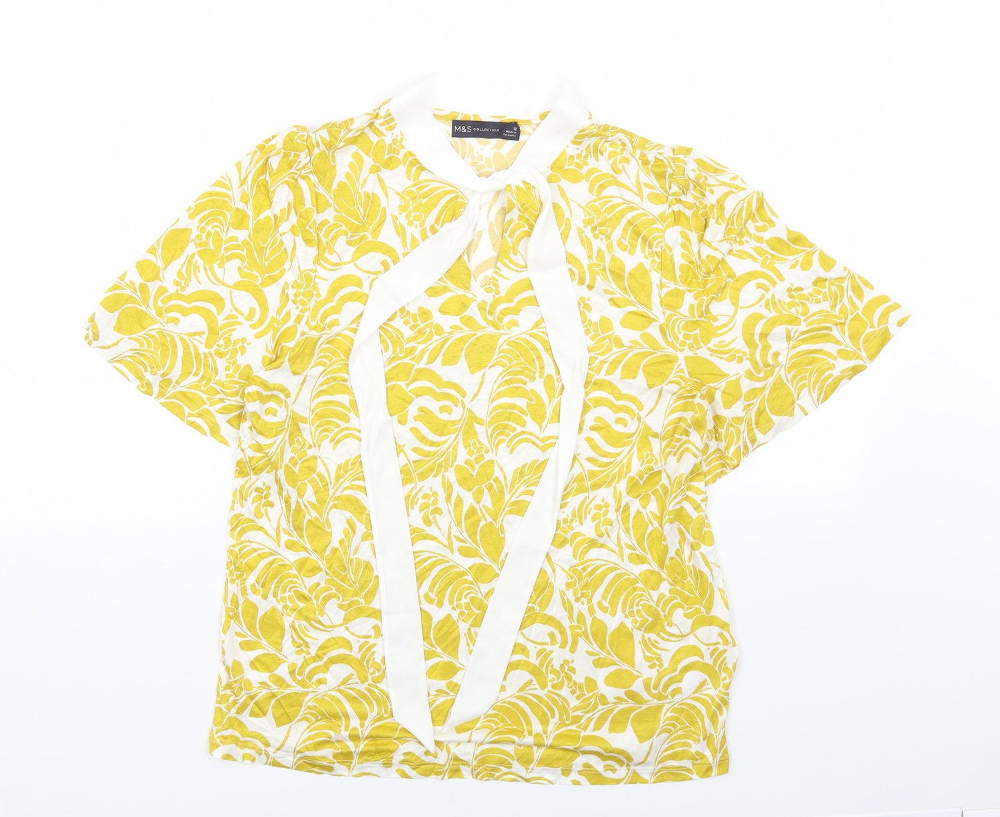Marks and Spencer Womens Yellow Geometric Viscose Basic Blouse Size 12 Round Neck