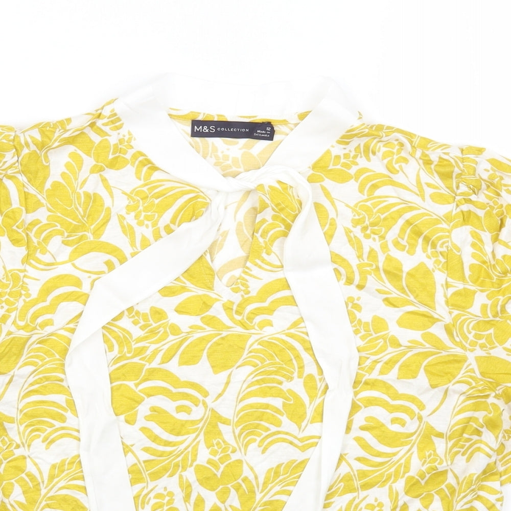 Marks and Spencer Womens Yellow Geometric Viscose Basic Blouse Size 12 Round Neck