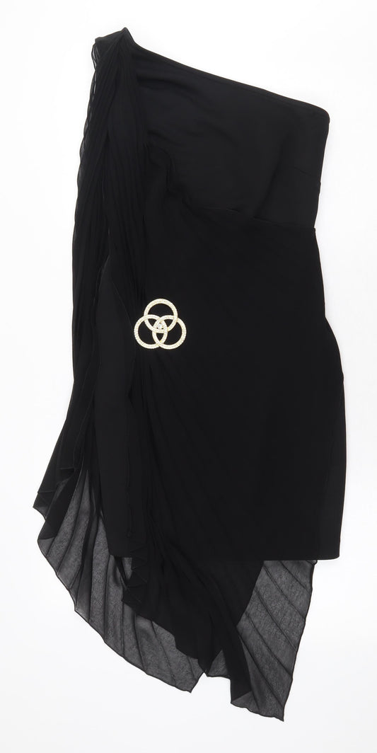 River Island Womens Black Herringbone Polyester Bodycon Size 10 One Shoulder Zip - Brooch