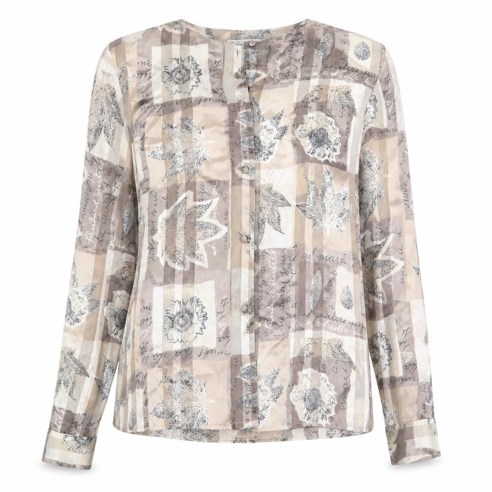 Martinique Womens Beige Floral Polyester Basic Button-Up Size 10 Round Neck