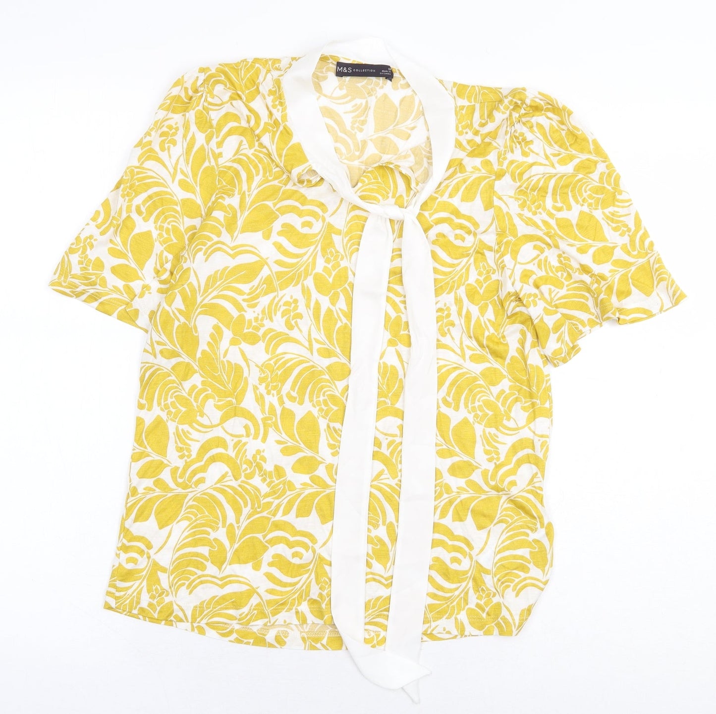 Marks and Spencer Womens Yellow Geometric Viscose Basic Blouse Size 10 Mock Neck