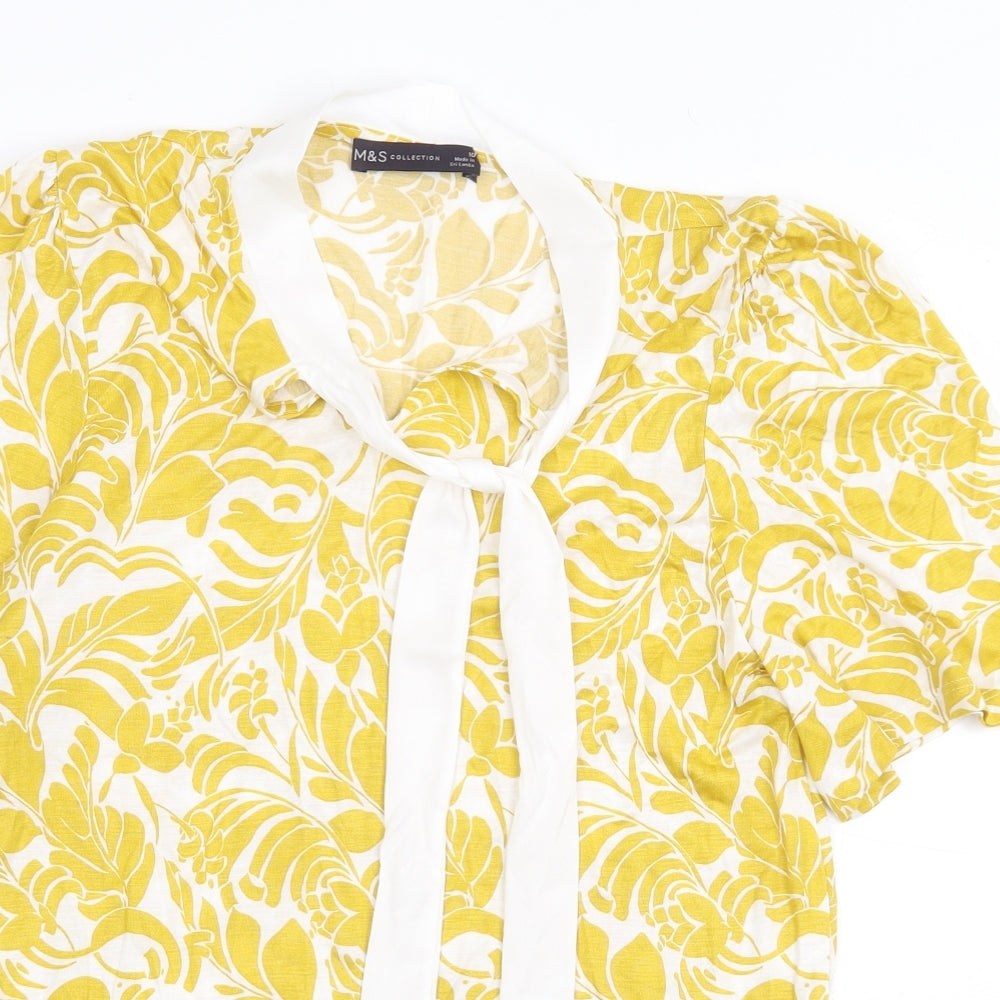 Marks and Spencer Womens Yellow Geometric Viscose Basic Blouse Size 10 Mock Neck