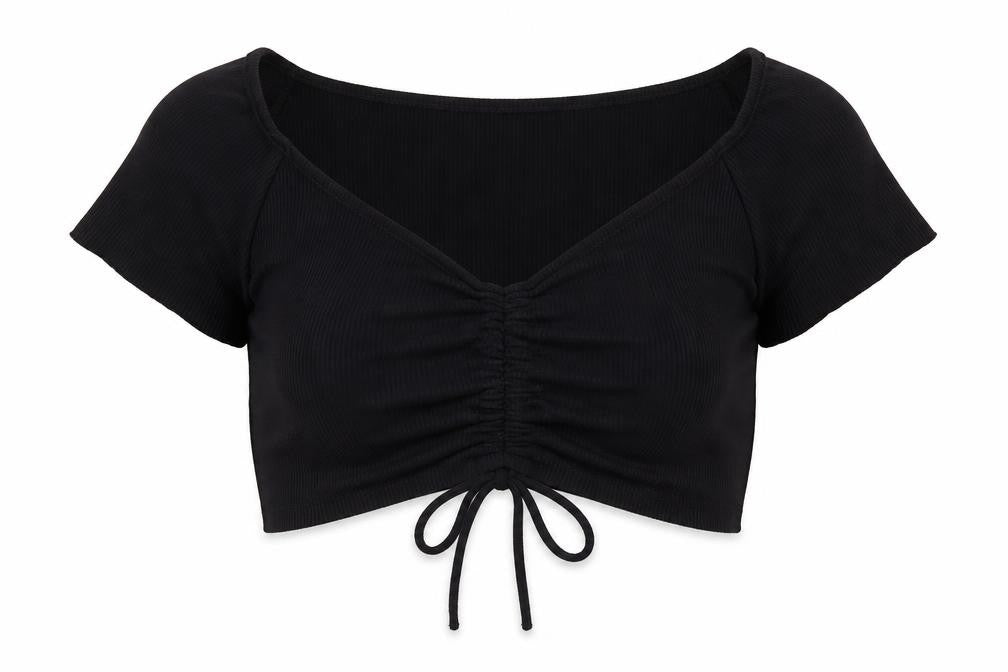 Forever 21 Womens Black Polyester Cropped Blouse Size M Scoop Neck