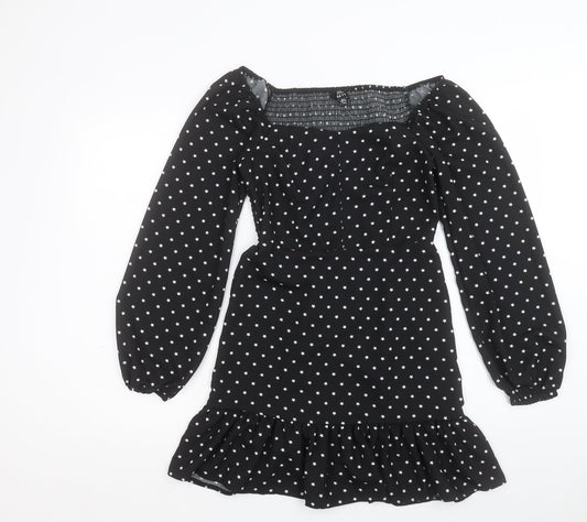 Lola Skye Womens Black Polka Dot Polyester A-Line Size 8 Scoop Neck Pullover