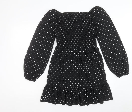 Lola Skye Womens Black Polka Dot Polyester A-Line Size 8 Scoop Neck Pullover