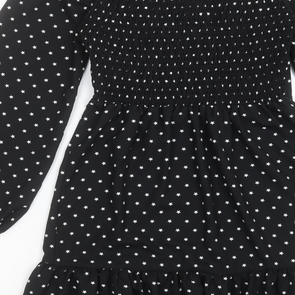 Lola Skye Womens Black Polka Dot Polyester A-Line Size 8 Scoop Neck Pullover