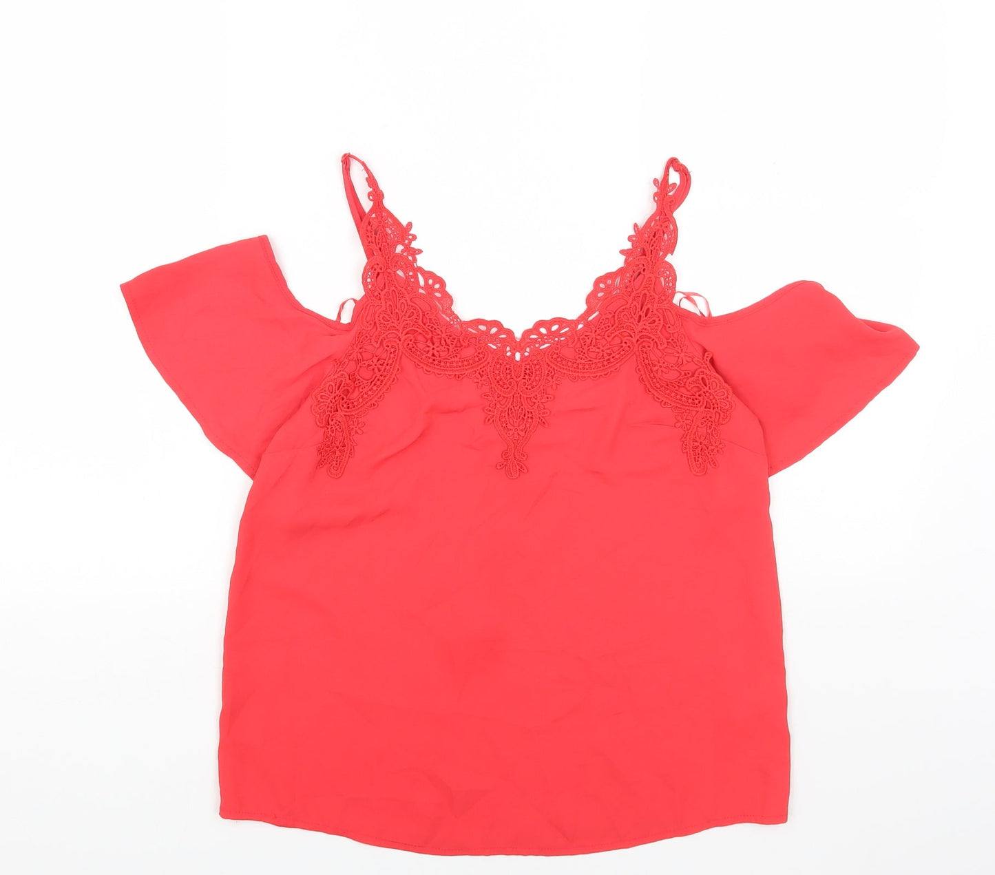 Oasis Womens Red Polyester Basic Blouse Size 8 V-Neck - Cold Shoulder Lace Detail