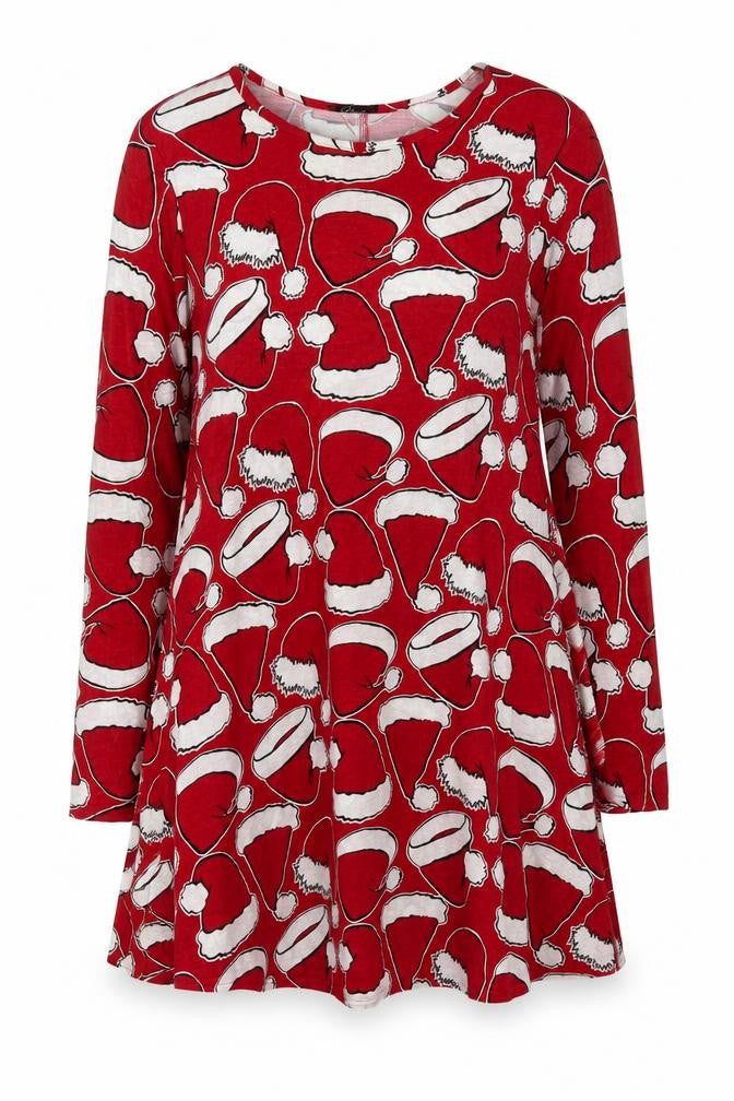 Sara Womens Red Geometric Viscose Sheath Size S Round Neck Pullover - Christmas Santa Hats