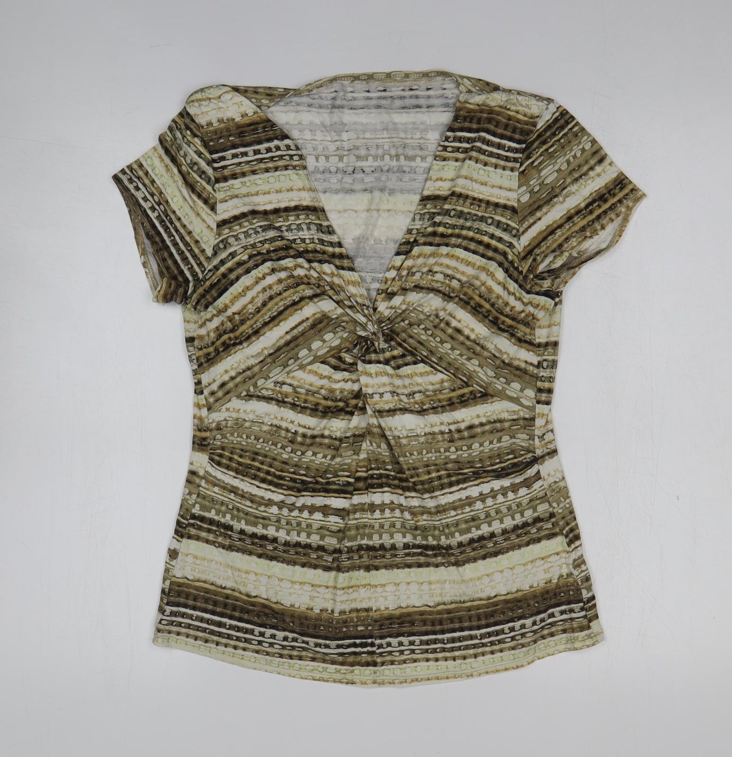 Preworn Womens Gold Striped Polyester Basic Blouse Size M V-Neck - Knot Detail