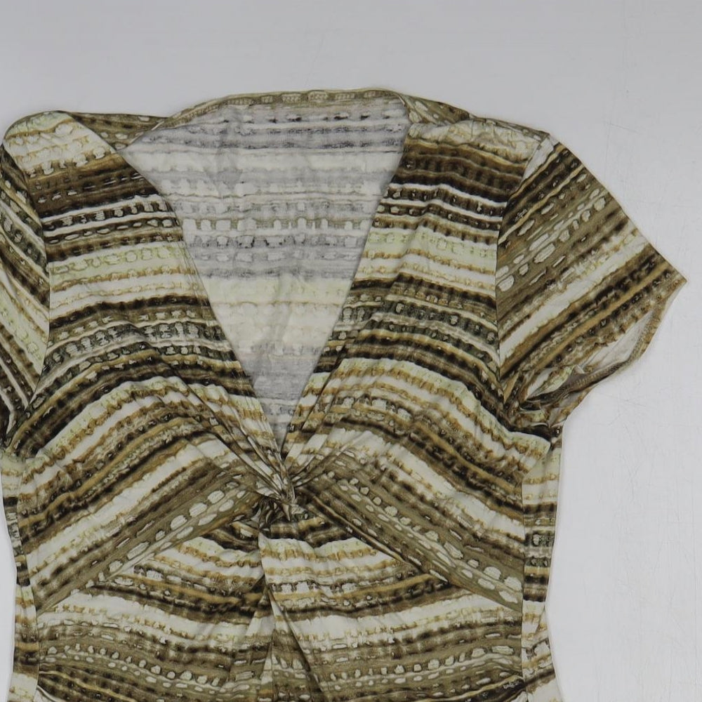 Preworn Womens Gold Striped Polyester Basic Blouse Size M V-Neck - Knot Detail